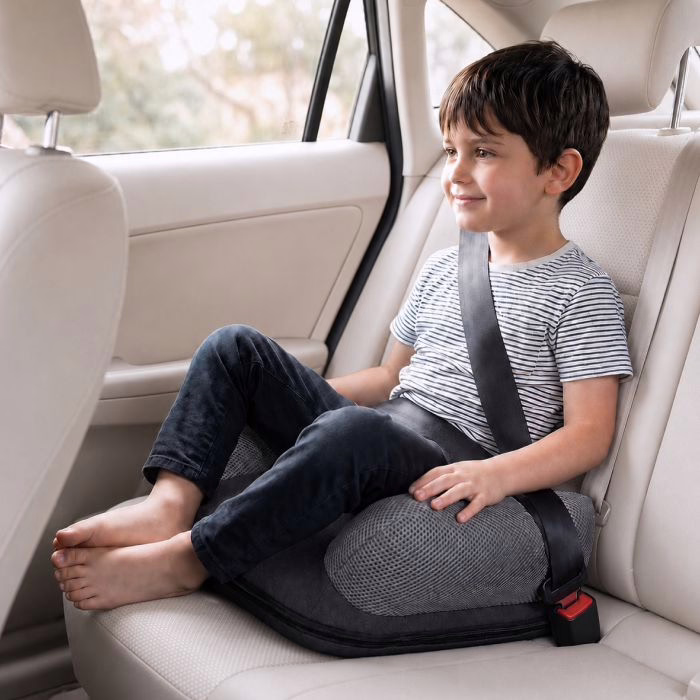 Enfant assis sur le rehausseur BubaBoost à l'arrière d'une voiture, ceinture 3 points bouclée